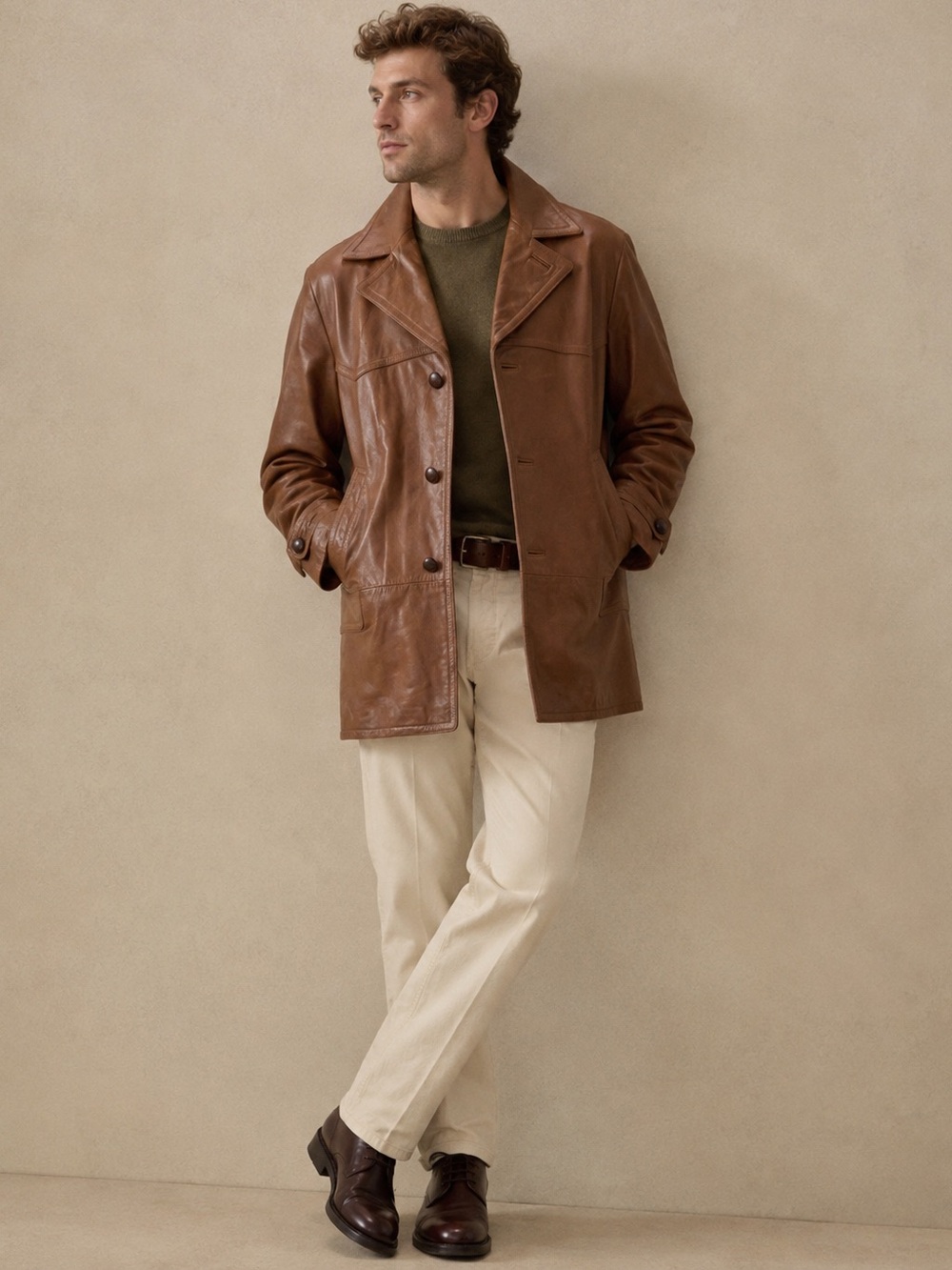 Vintage J.Crew 100% Leather Coat Jacket – Size L – Cognac Brown Moleskin Lined